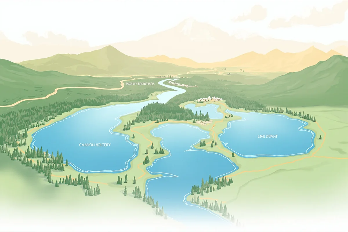 Map-style view of the Missouri River chain lakes near Helena showing Canyon Ferry, Hauser, and Holter