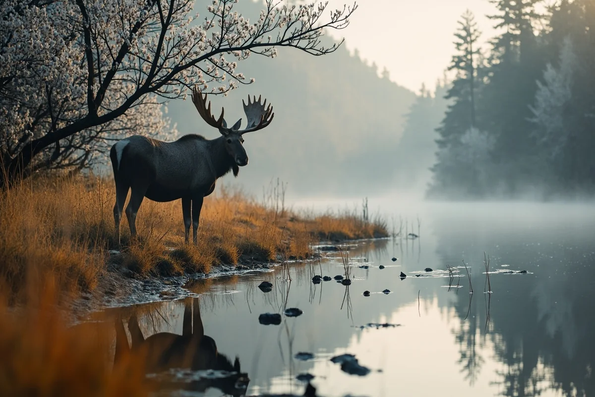 Moose standing near the cottonwood-lined banks of the Jefferson River in Montana