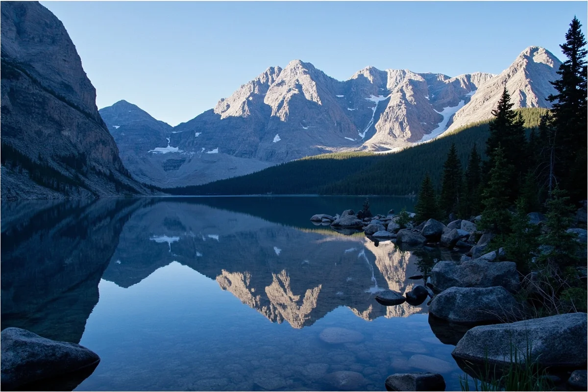 Mount Gould and Grinnell Point rising above Swiftcurrent Lake in the Many Glacier area