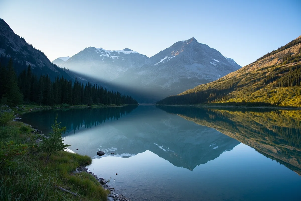 Mount Wilbur reflected in the calm shallow water of Fishercap Lake