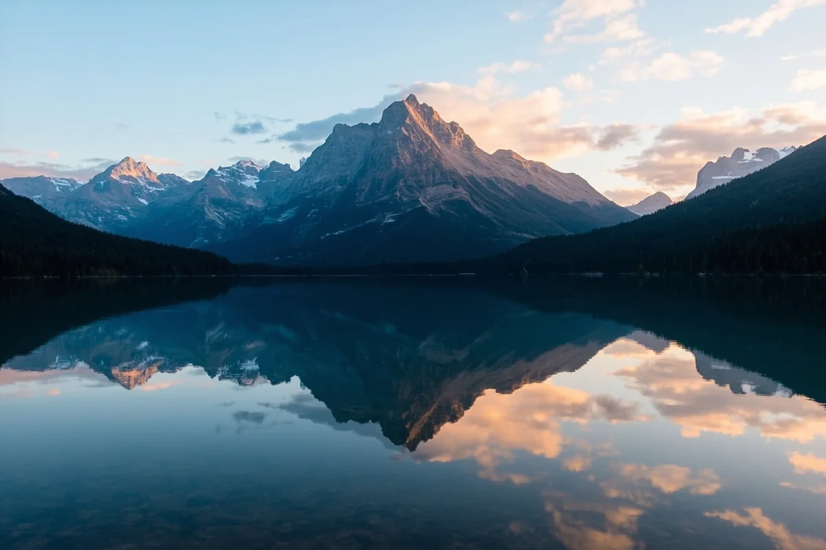 Mount Wilbur reflected in the still waters of Lake Sherburne at sunrise
