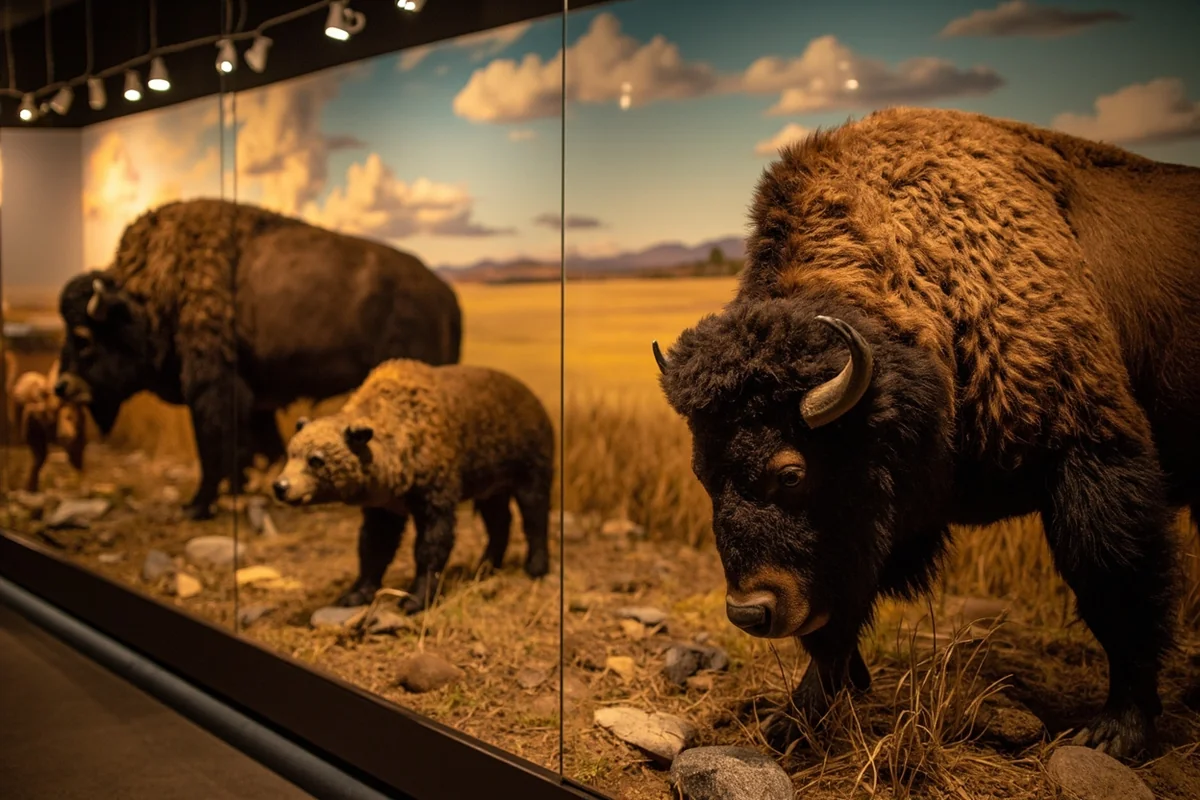 Mounted wildlife specimens including bison and bears on display at Montana Natural History Center