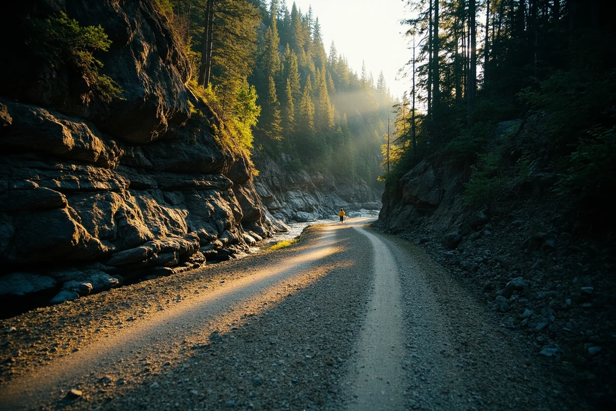 Narrow Rock Creek Road winding alongside the river through a forested canyon in Montana