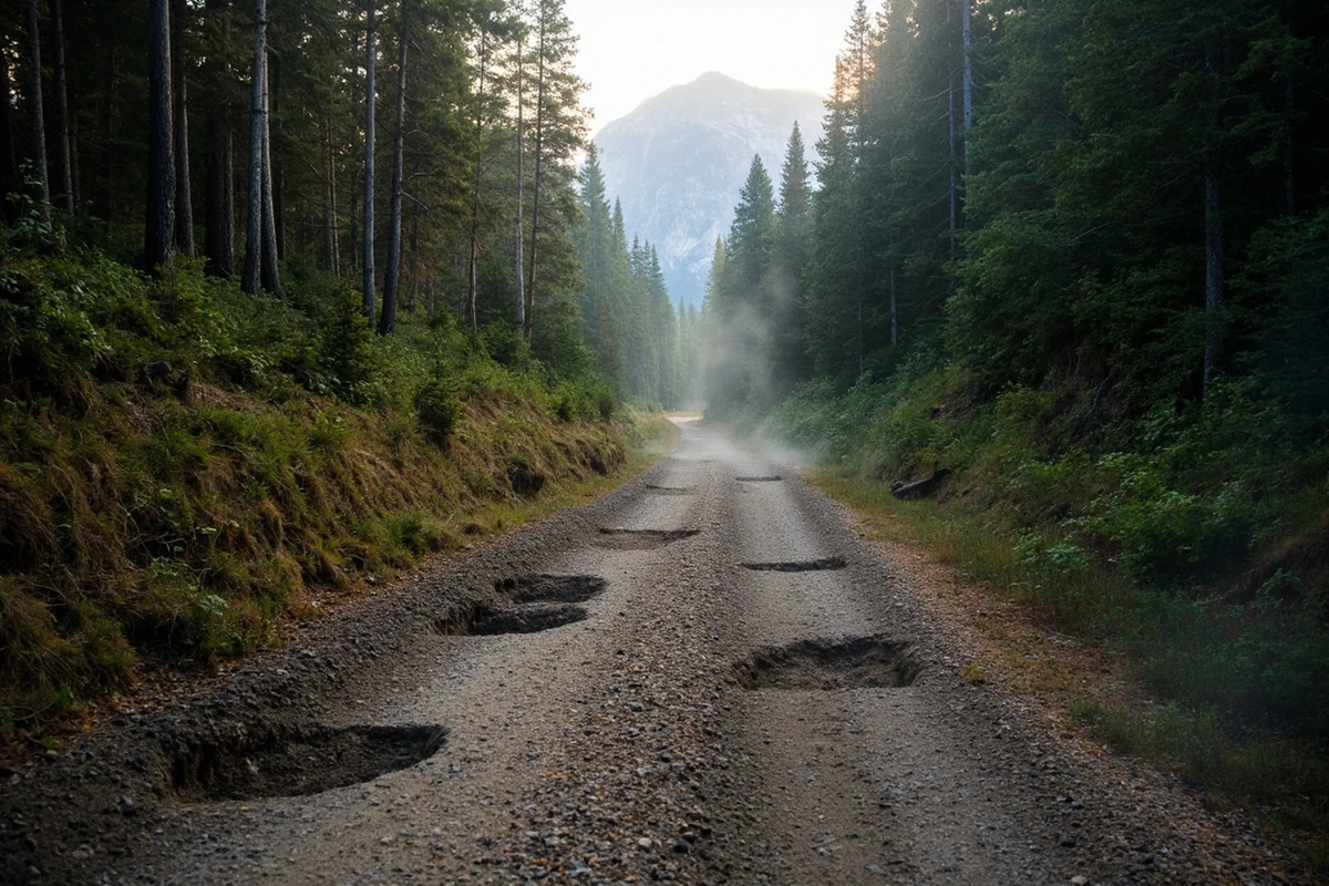 Narrow, rutted gravel road leading through forest toward Bowman Lake in the North Fork of Glacier National Park