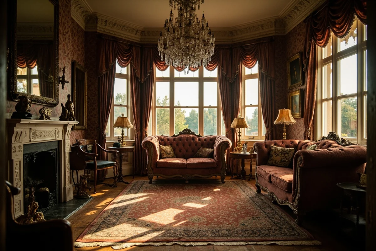 Ornate Victorian interior with crystal chandelier and Oriental rugs inside the Castle Museum