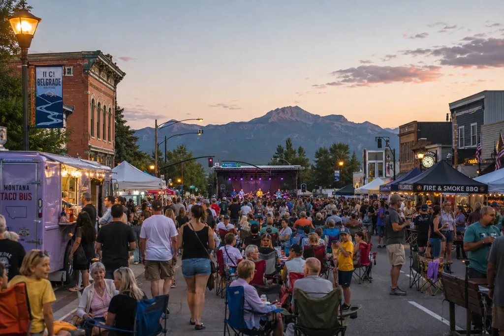 Belgrade Summer Nights outdoor concert event on Main Street with food trucks, crowd, and Gallatin Valley mountains visible at dusk