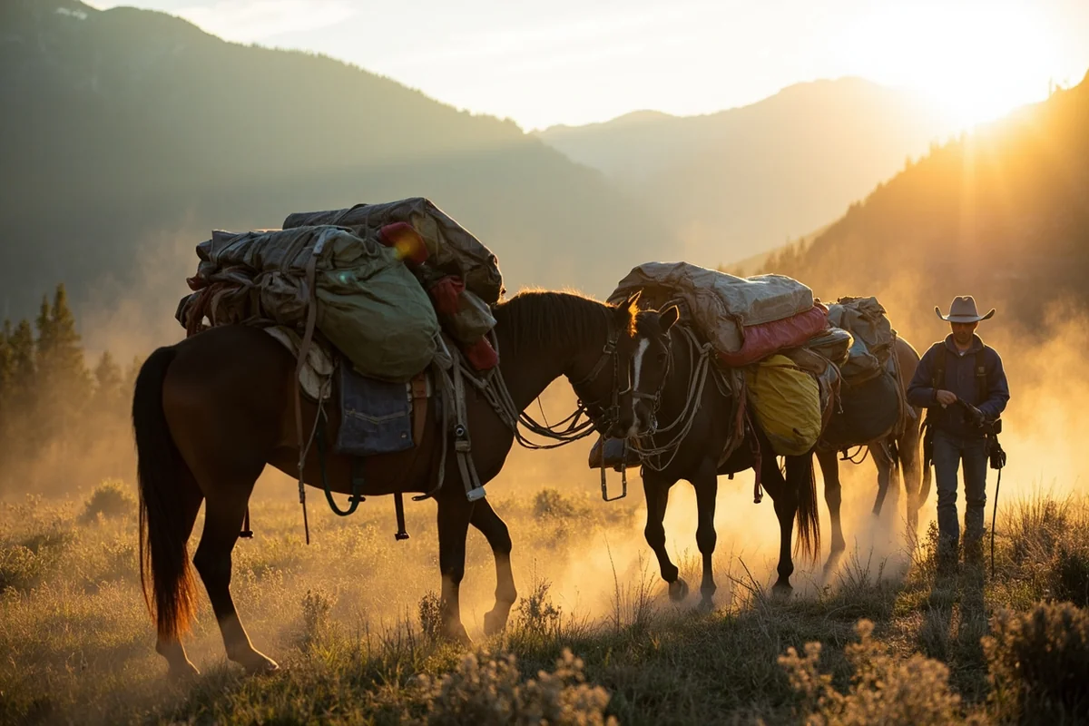 Pack horses loaded for a Bob Marshall Wilderness trip near Holland Lake trailhead