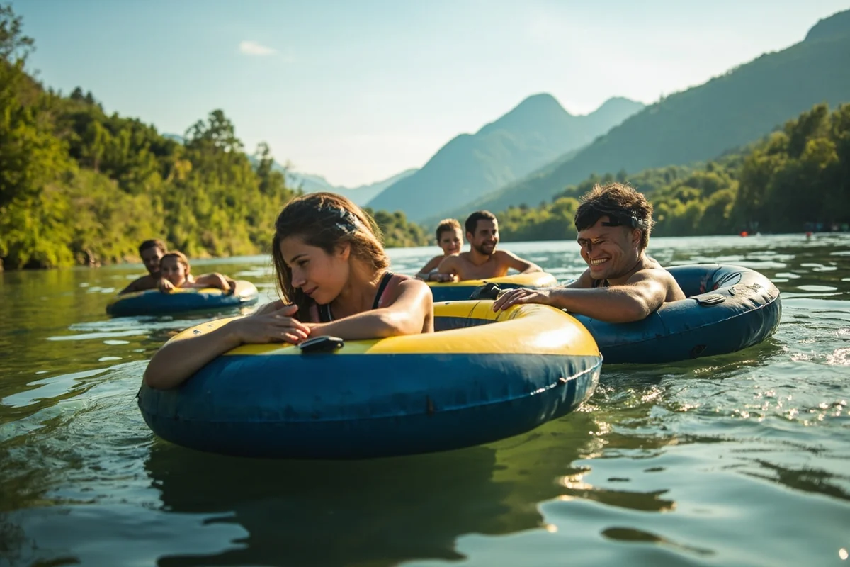 People floating in inner tubes on the Lower Madison River near Bozeman, Montana on a summer day
