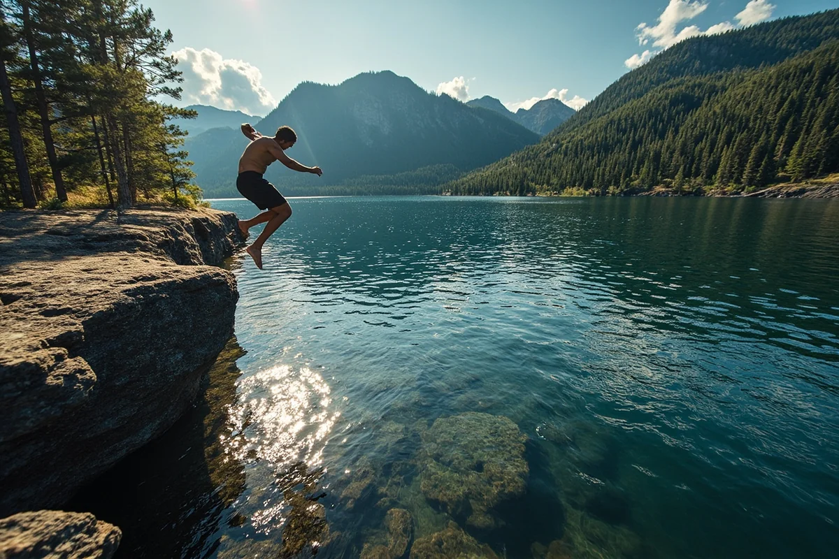 Person cliff jumping into Tally Lake from a rocky outcrop