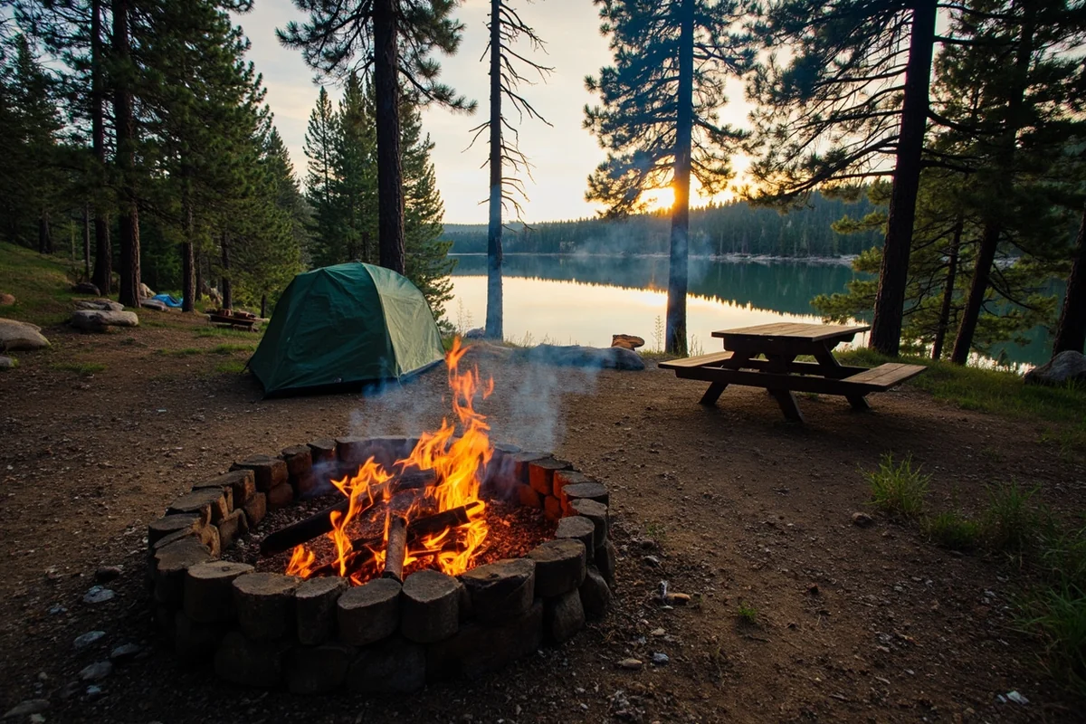 Primitive campsite at Horseshoe Lake with fire ring and lake view