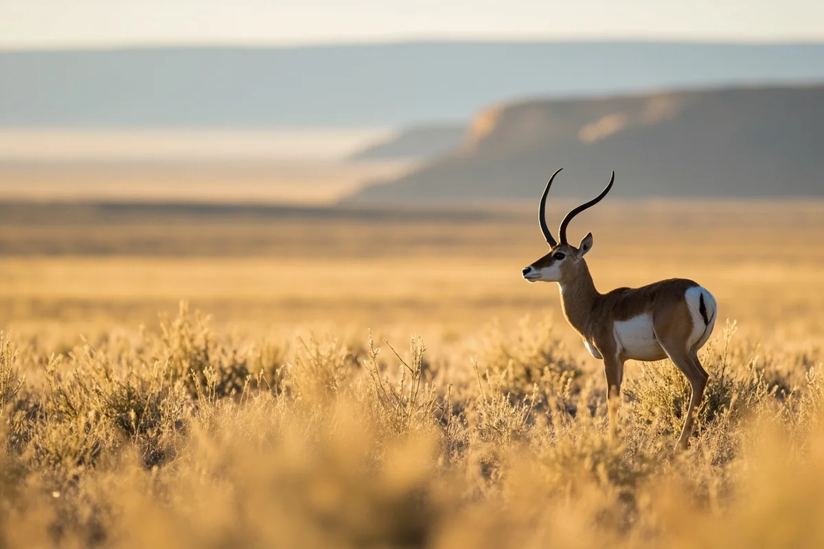 Pronghorn antelope grazing on open grassland above the Tongue River canyon in Montana