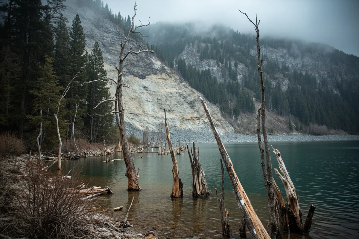 Quake Lake with dead standing trees and the 1959 landslide scar visible on the mountainside