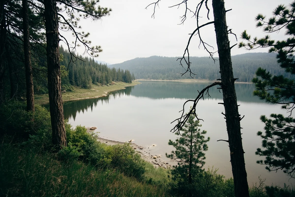 Quiet forested shoreline of Little Bitterroot Lake where a historic structure once stood