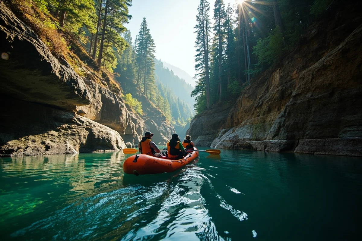 Raft floating through Box Canyon on the Blackfoot River in Montana