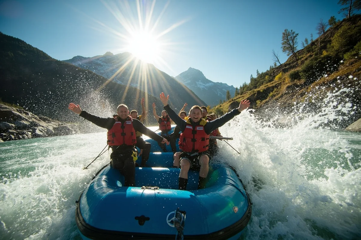 Rafters cheering after running a rapid on the Middle Fork Flathead River with Glacier National Park mountains behind them