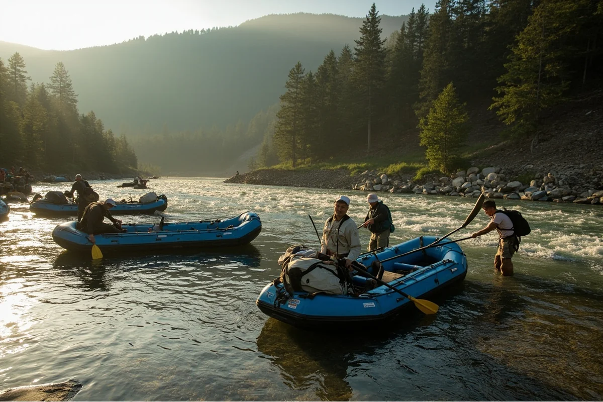 Rafts lined up at the Moccasin Creek put-in on the Middle Fork Flathead River in Montana
