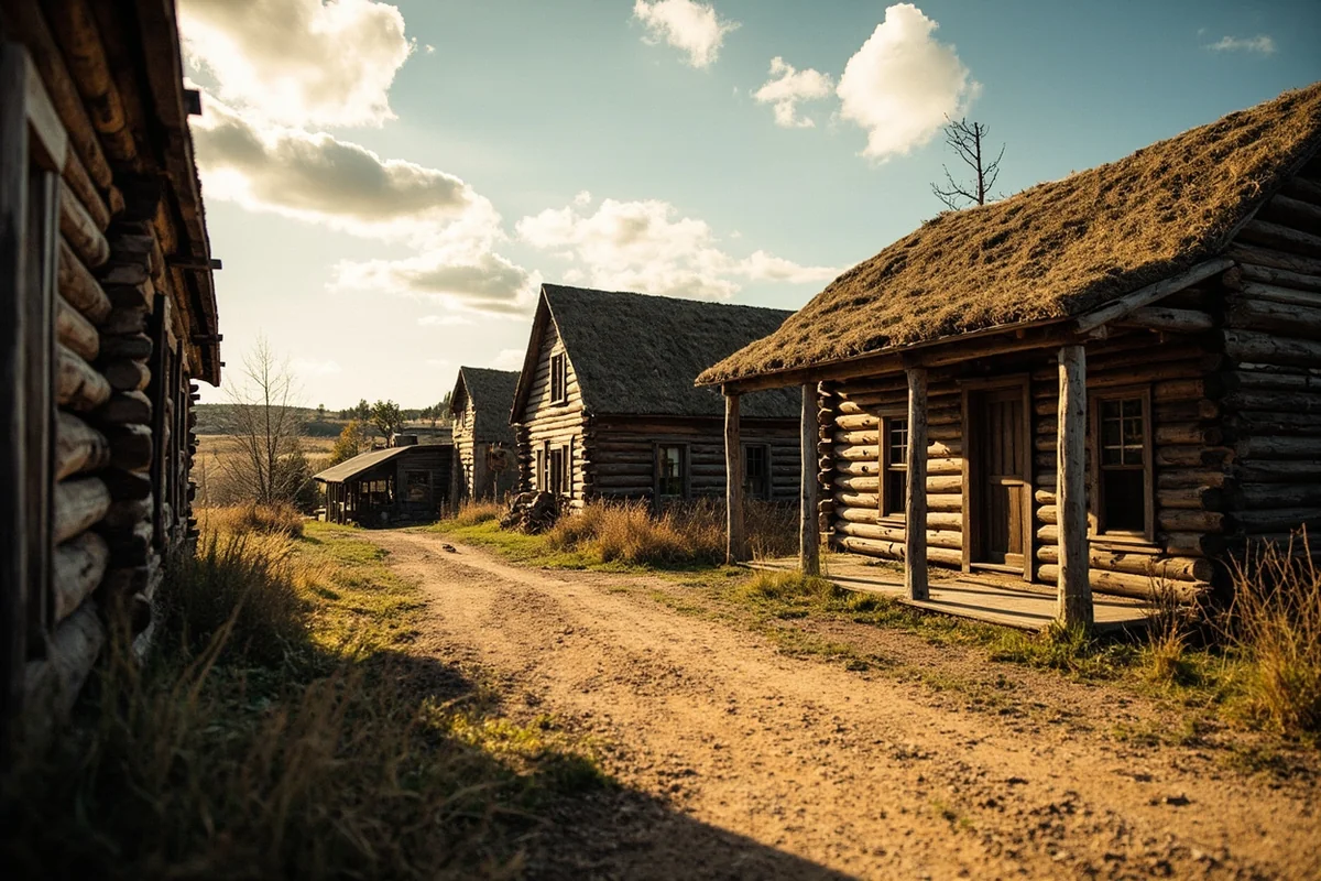 Reconstructed pioneer village with log cabin and general store at Miracle of America Museum