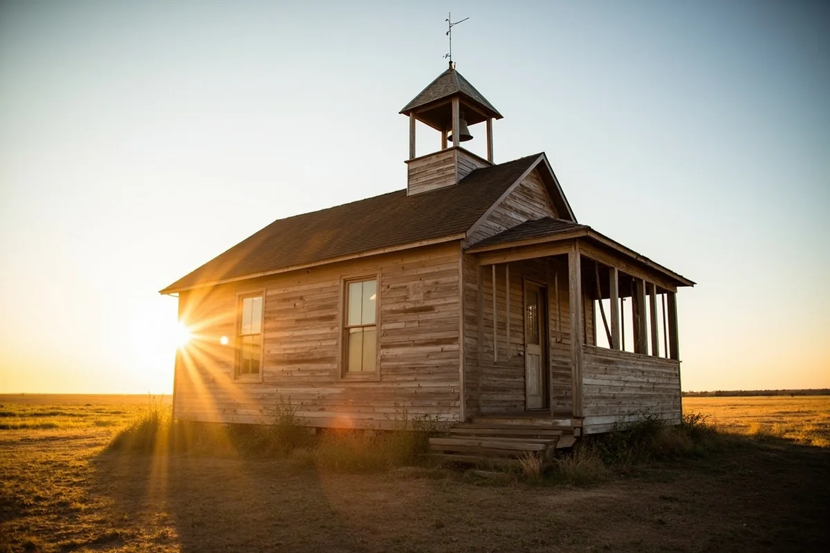 Restored one-room schoolhouse building at Pioneer Town in Scobey, Montana
