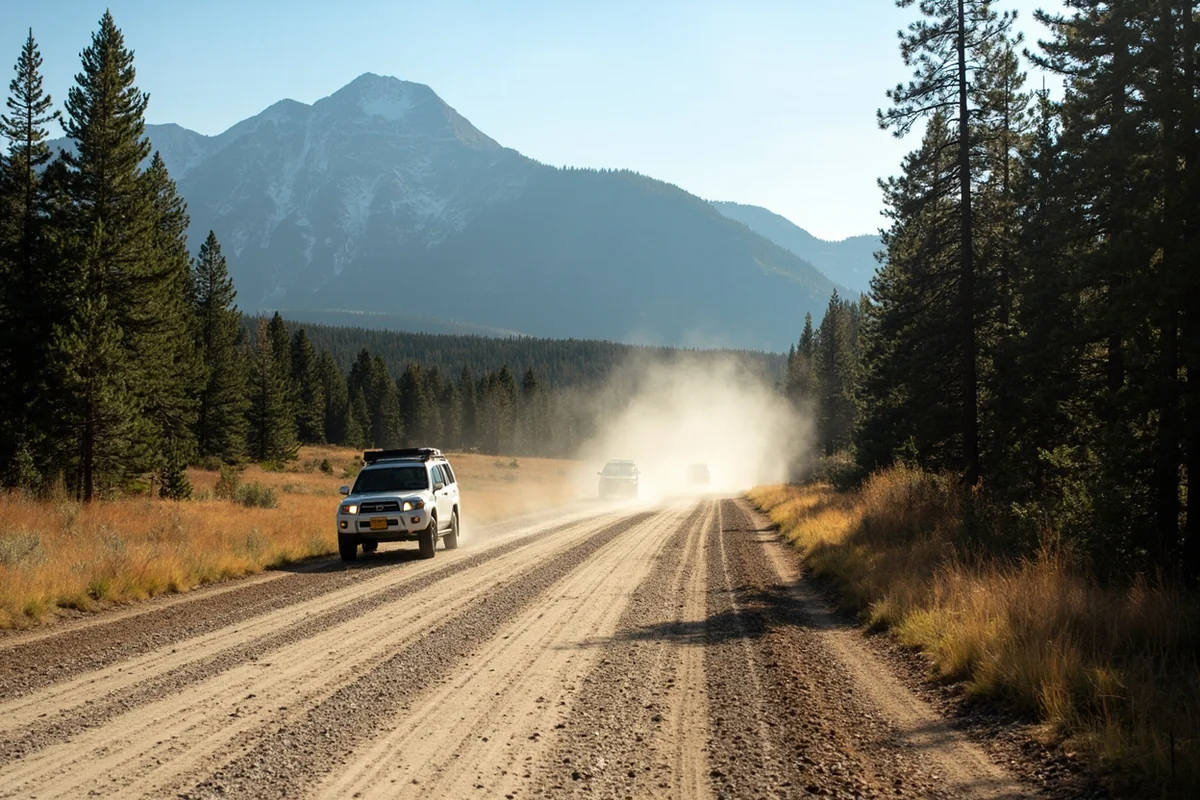 Rough gravel forest road leading to the Glacier Lake trailhead in the Beartooth Mountains
