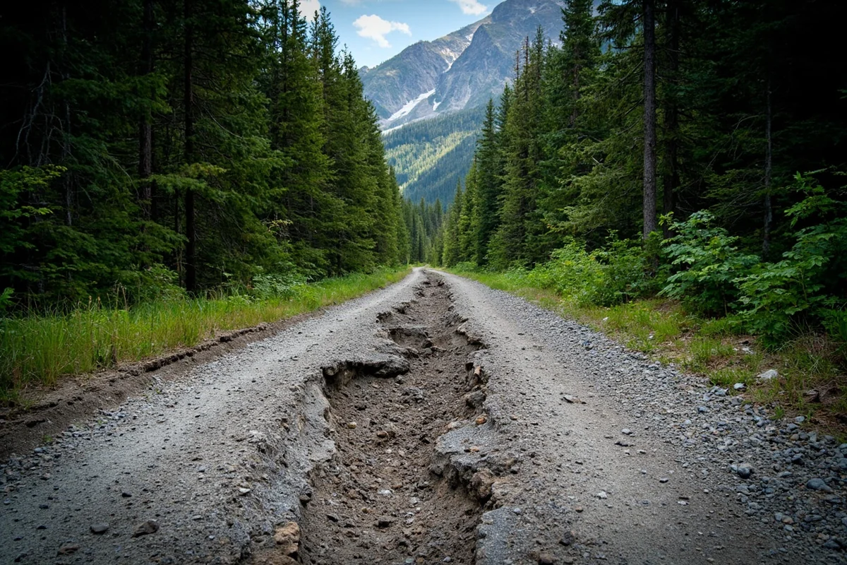 Rough gravel road narrowing through dense forest on the way to Kintla Lake, Glacier National Park