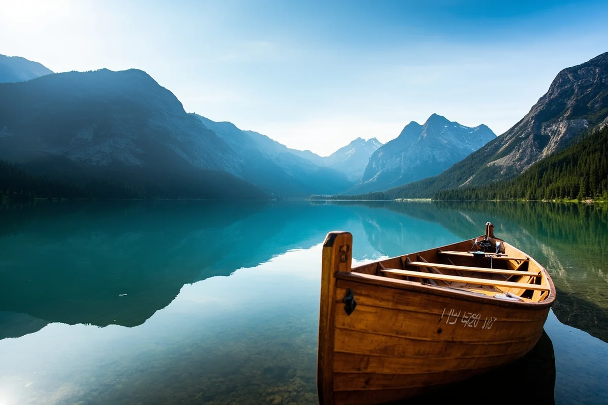 Rowboat on Two Medicine Lake with mountains in the background