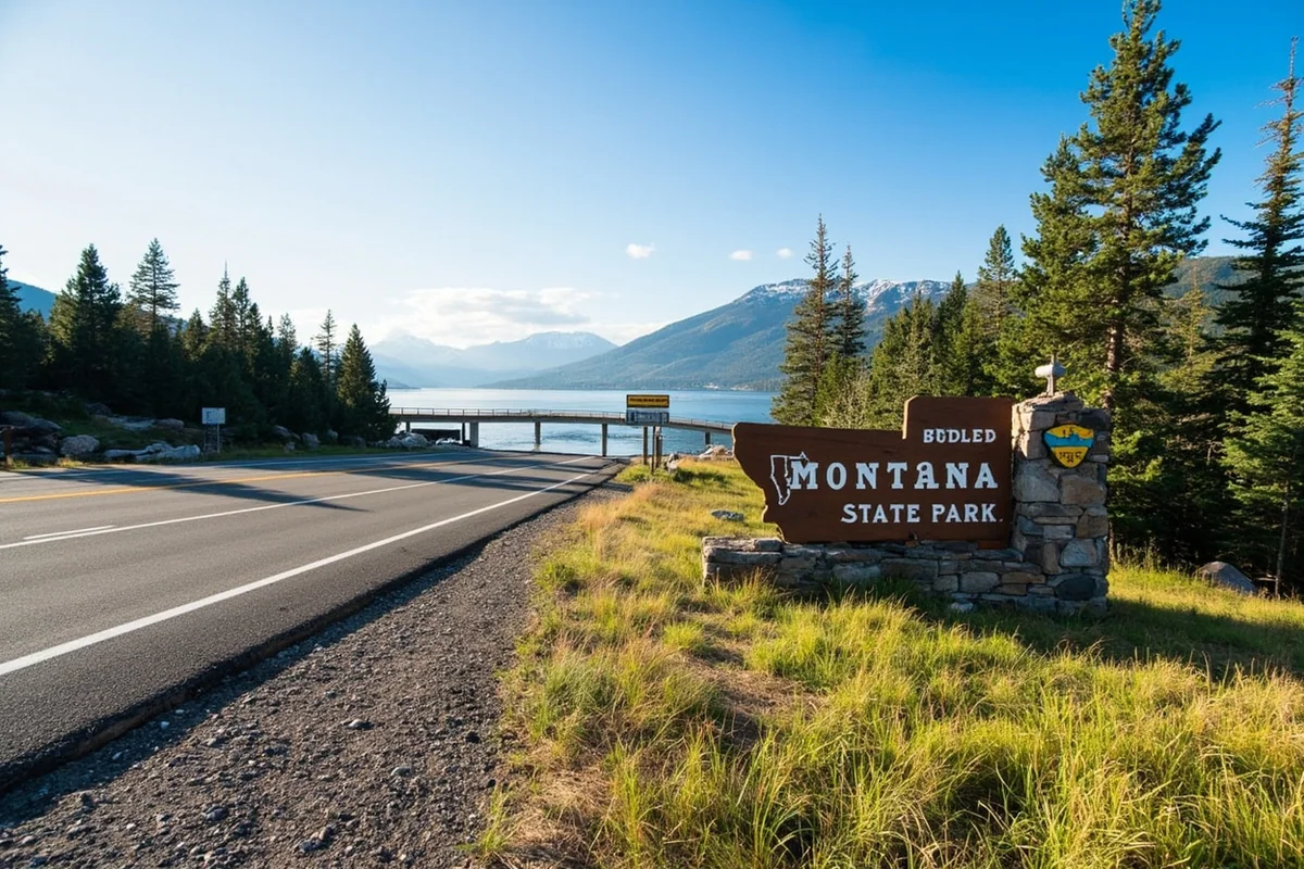 Salmon Lake State Park entrance sign with boat ramp visible in the background