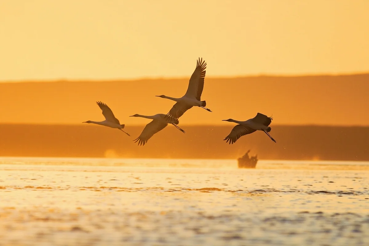 Sandhill cranes flying over Fort Peck Lake at sunset
