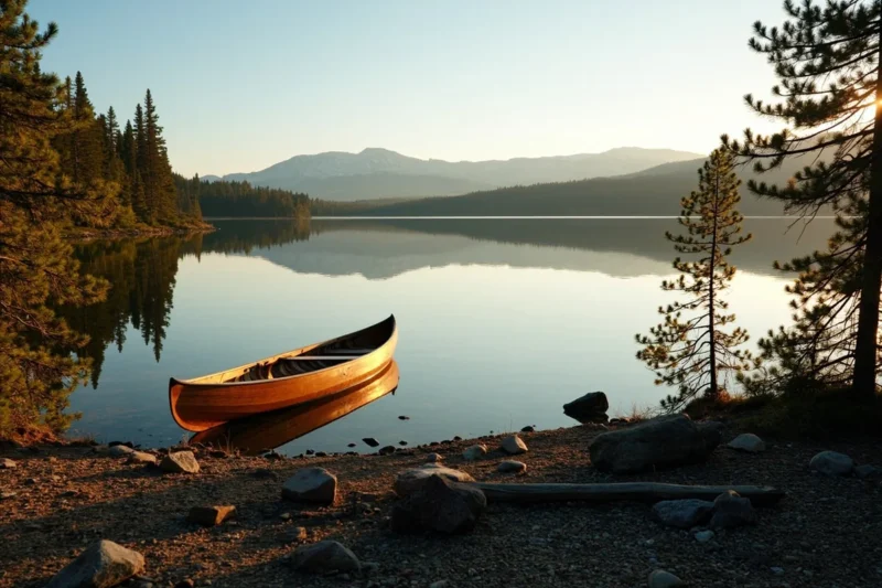 seeley lake montana with canoe on calm water and m 1 - Seeley Lake, Montana: Complete Lake Guide & Things to Do