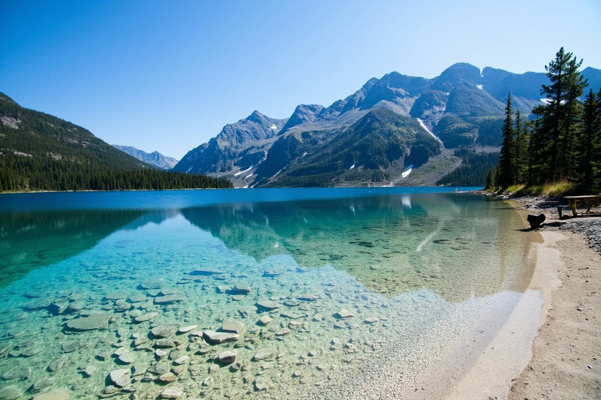 Shallow clear water of Crystal Lake showing the limestone lakebed beneath the surface