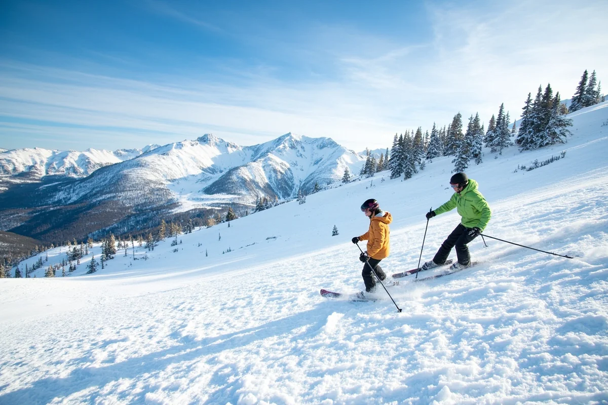 Skiers on a run at Turner Mountain Ski Area near Loon Lake Montana