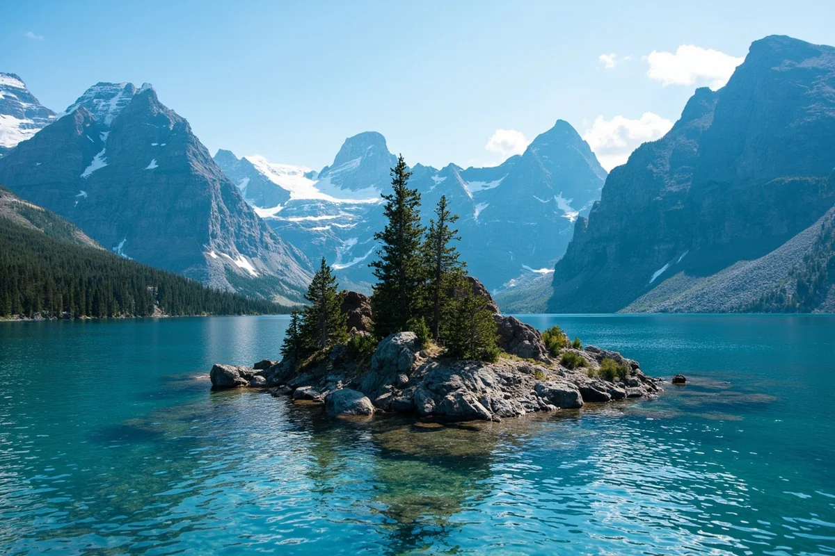 Small island in the middle of Glacier Lake Beartooth Mountains with granite peaks surrounding it