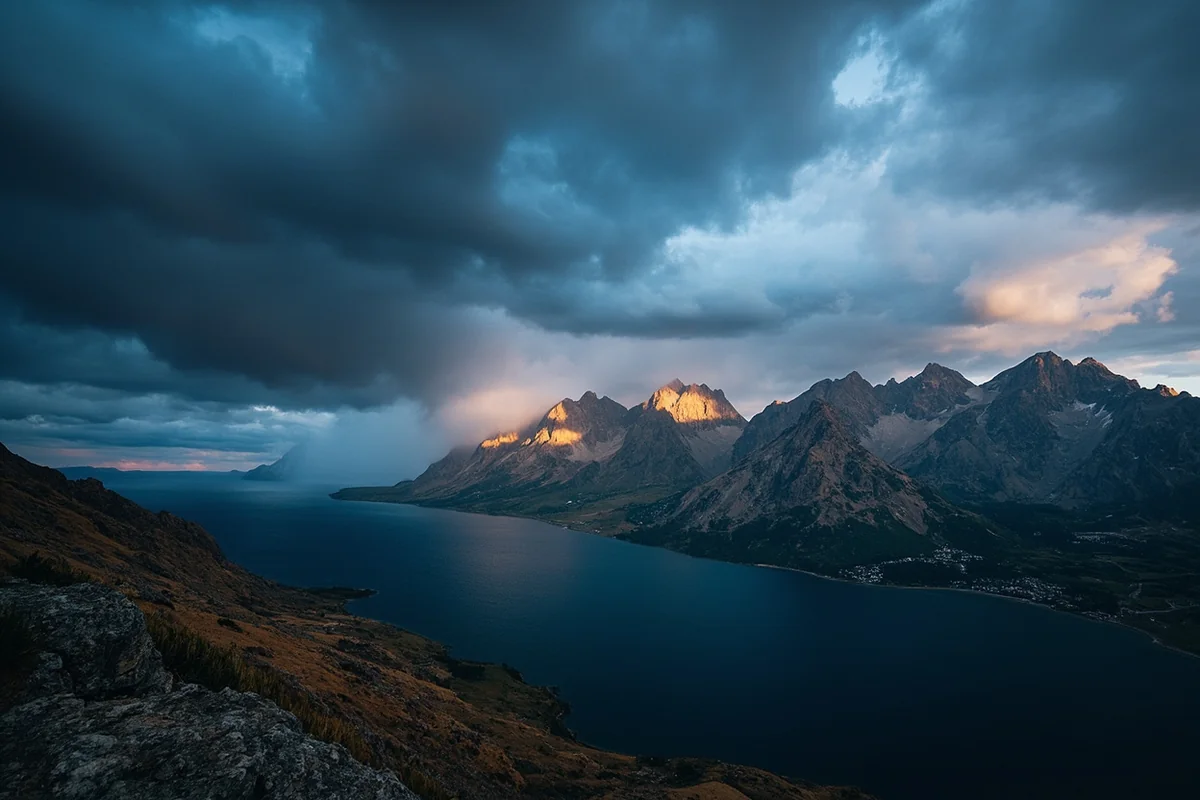 Storm clouds building over the Beartooth Mountains above Mystic Lake