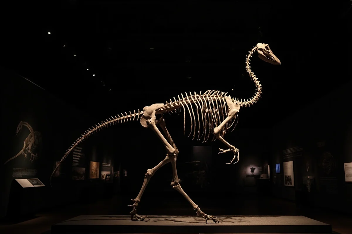 Struthiomimus dinosaur fossil display at Fort Peck Interpretive Center in Montana