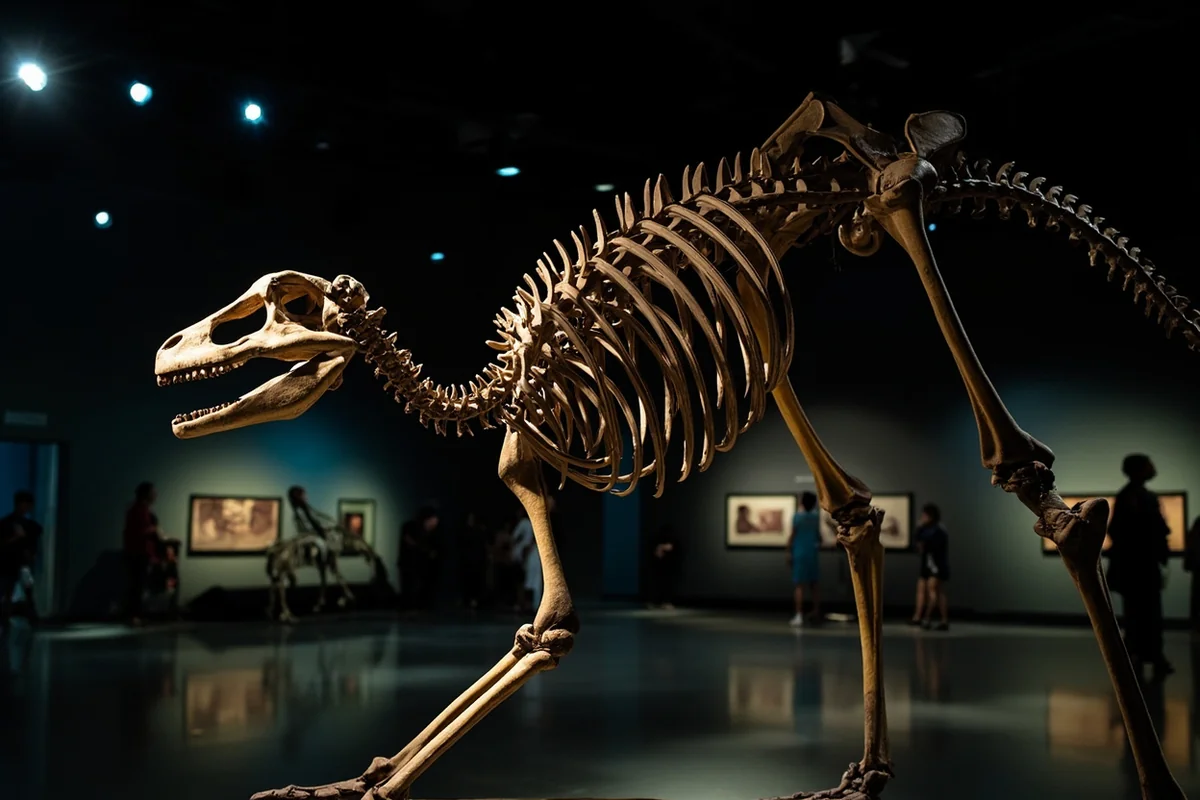 Struthiomimus dinosaur skeleton cast named Margie on display at Frontier Gateway Museum in Glendive