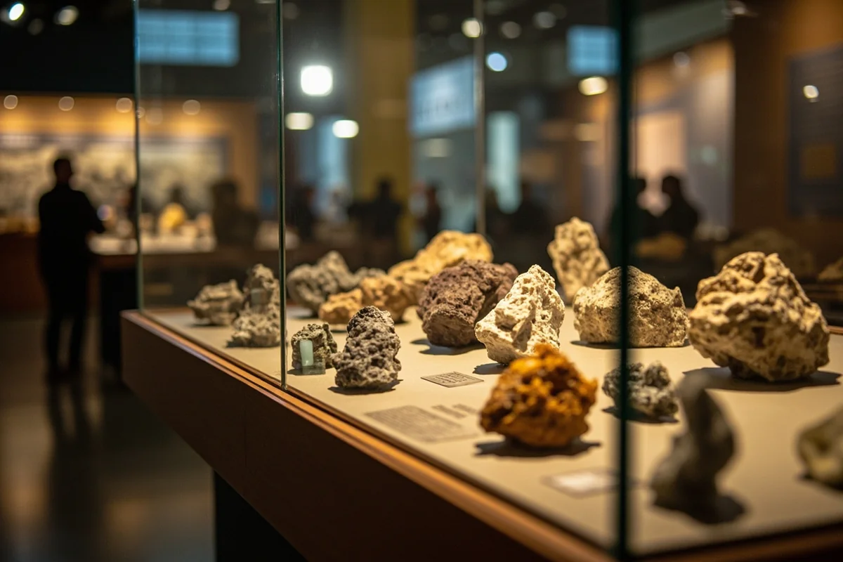 Students examining mineral specimens in a display case at MBMG Mineral Museum in Butte, Montana