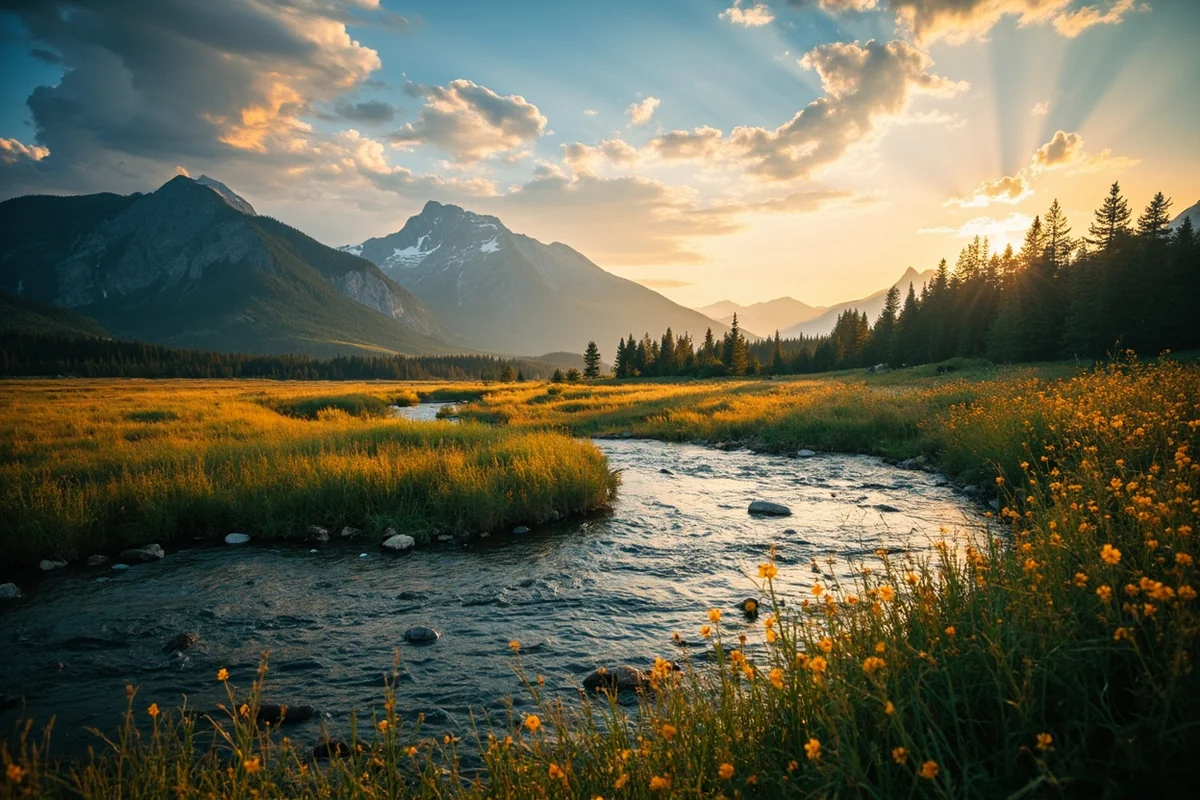 Sunlight on the Gallatin River meadow stretch near Yellowstone National Park, Montana