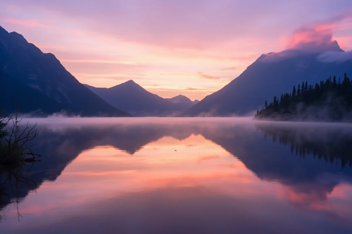 Sunrise light on St. Mary Lake with mountains reflected in calm water
