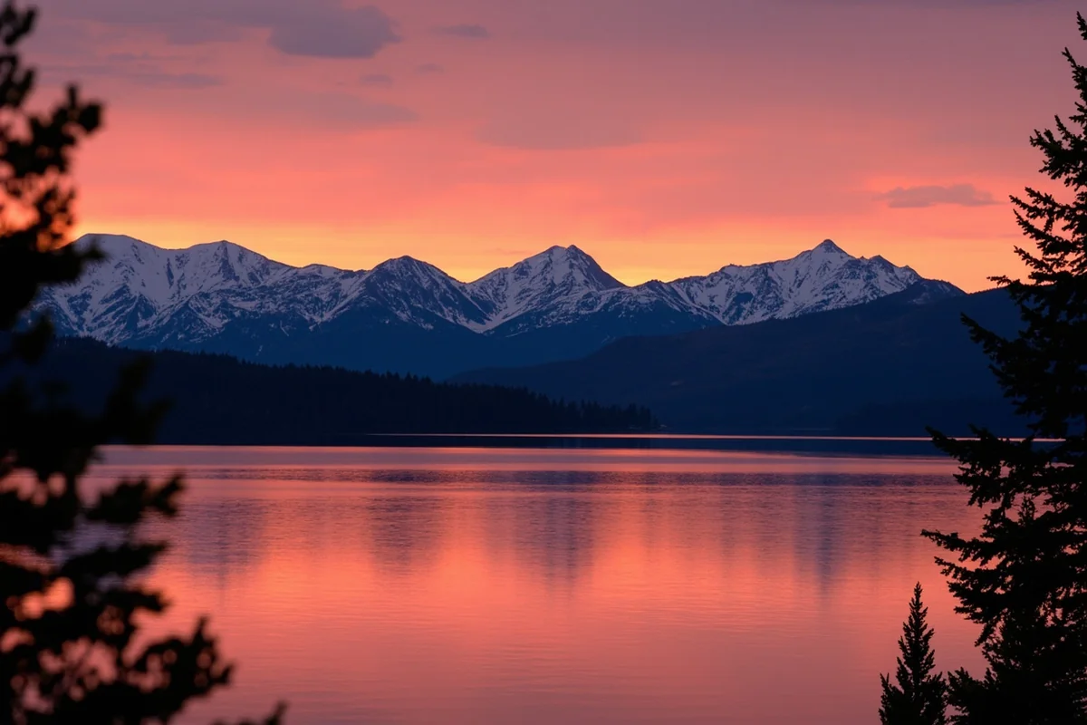 Sunset light on Holland Lake with the Swan Range silhouetted against an orange sky