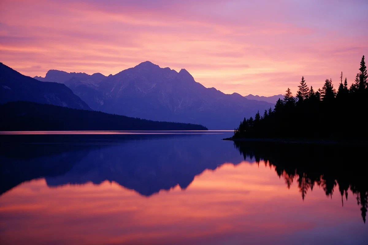Sunset over an alpine lake in Glacier National Park with mountains reflected in still water