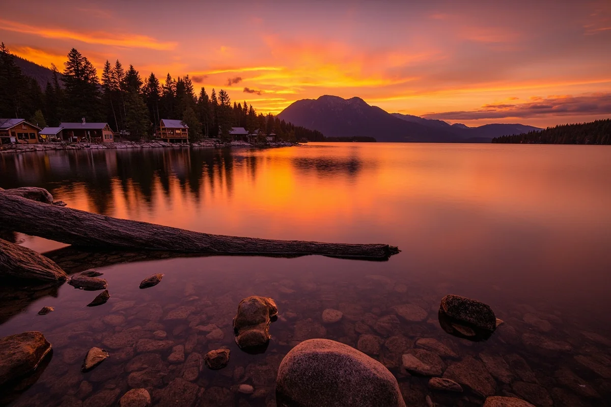 Sunset over Ashley Lake with private cabins visible along a quiet section of shoreline