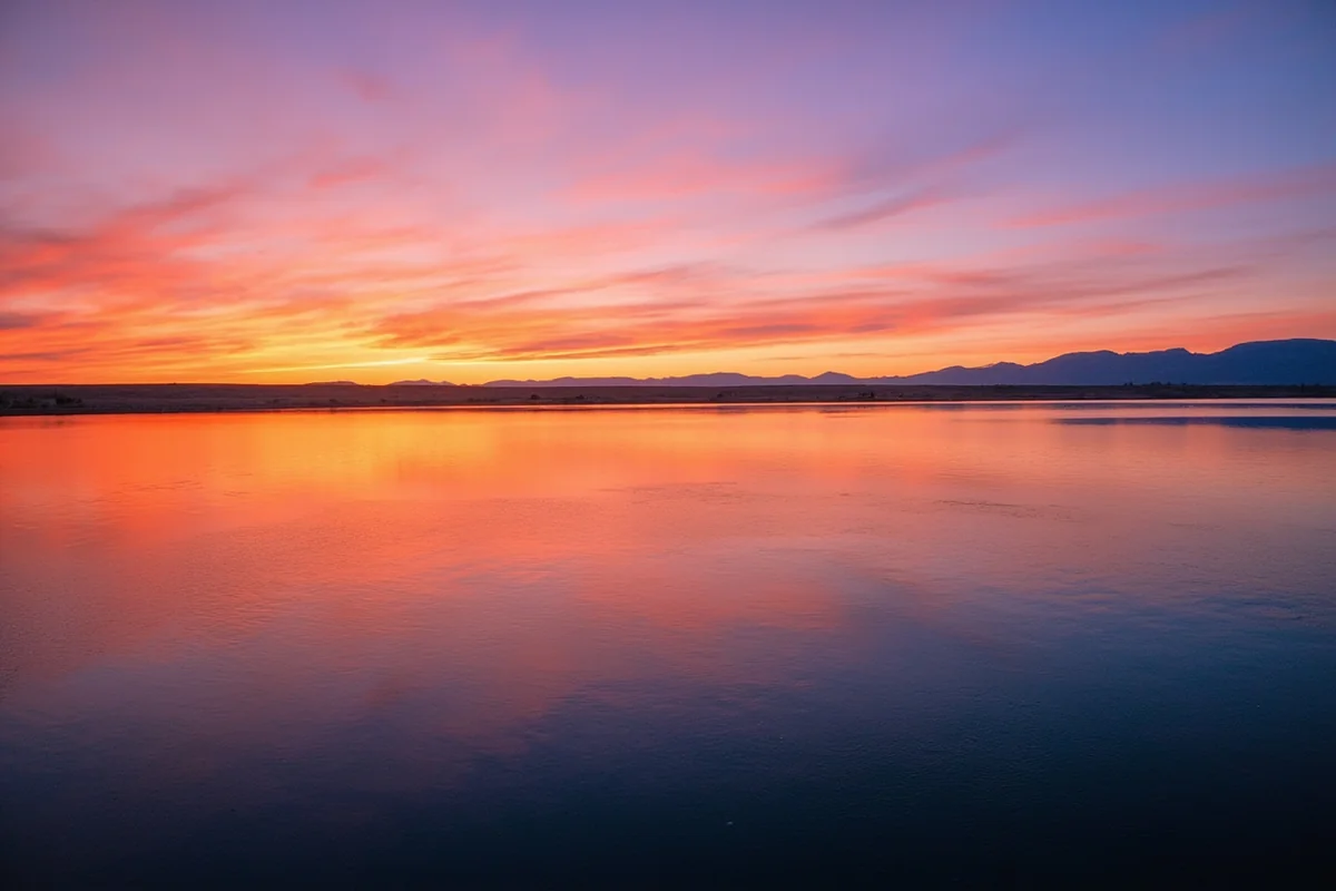 Sunset over Fresno Reservoir with the open Hi-Line prairie stretching to the horizon