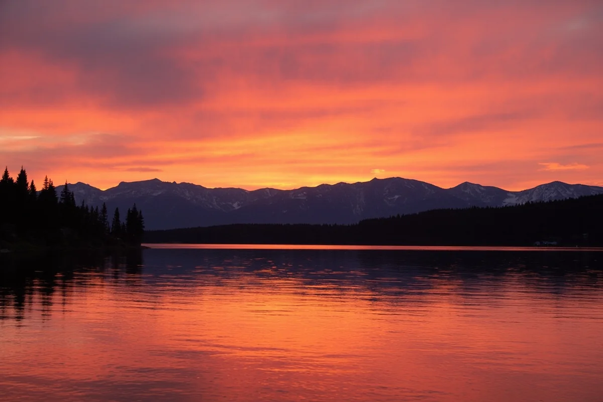 Sunset over Salmon Lake with Mission Mountains silhouetted in the background