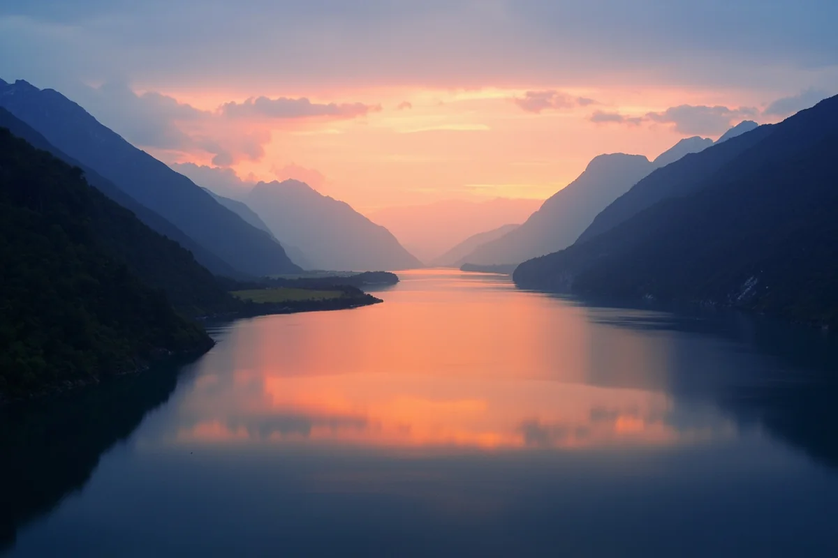 Sunset over Swan Lake with the Swan Range mountains silhouetted in the background near Bigfork, Montana