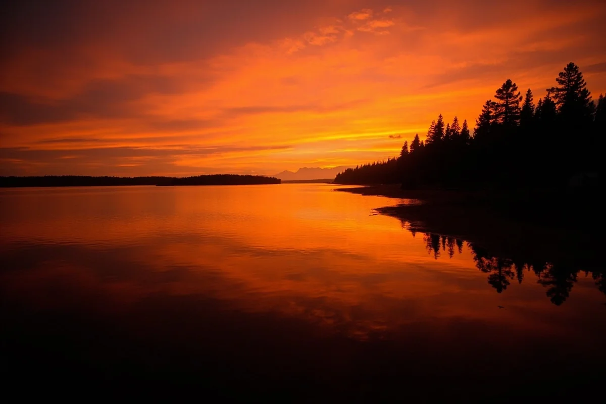 Sunset over Tally Lake with dark tannin-stained water reflecting orange sky