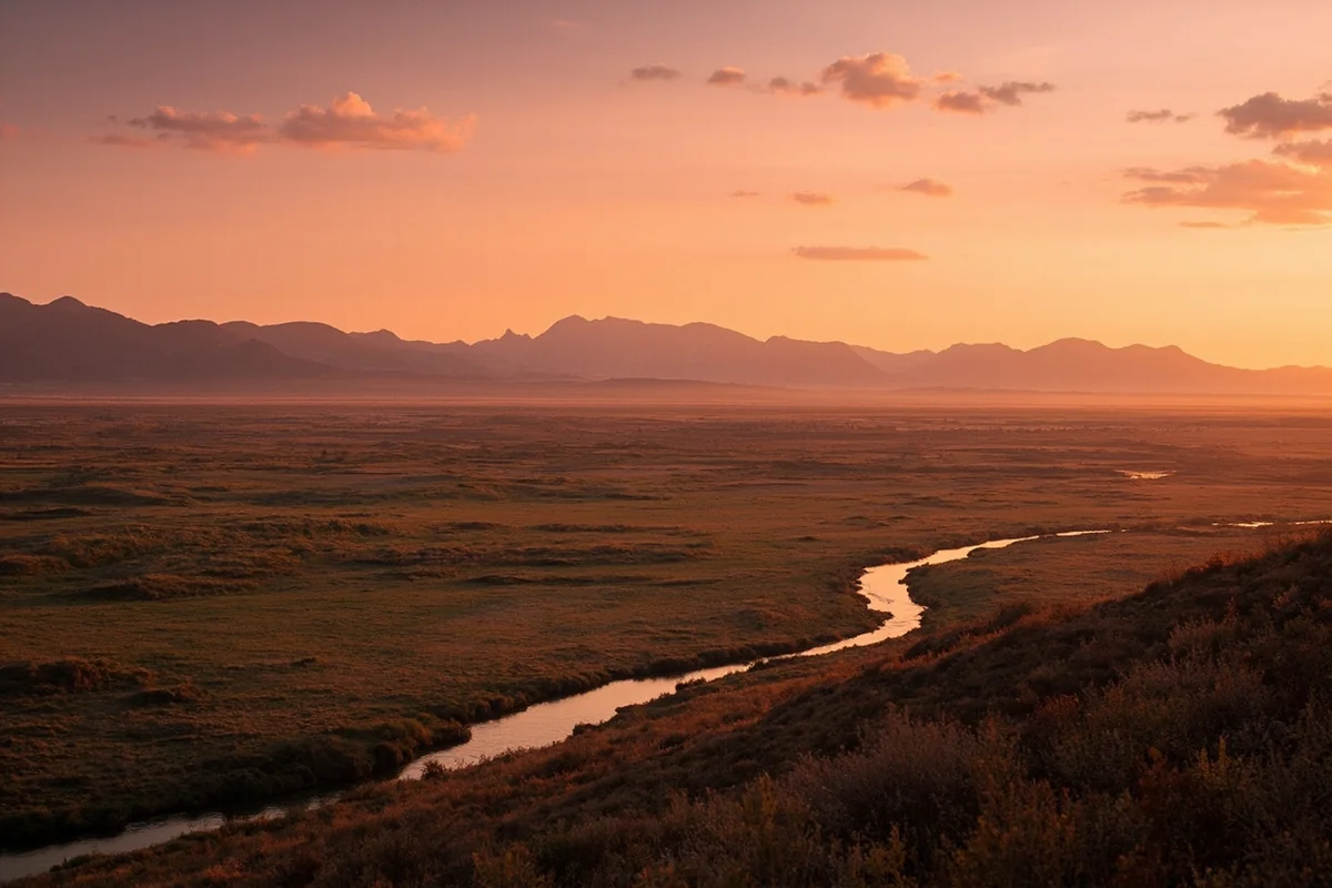 Sunset over the Big Hole Valley near Wisdom, Montana with mountains silhouetted in the background