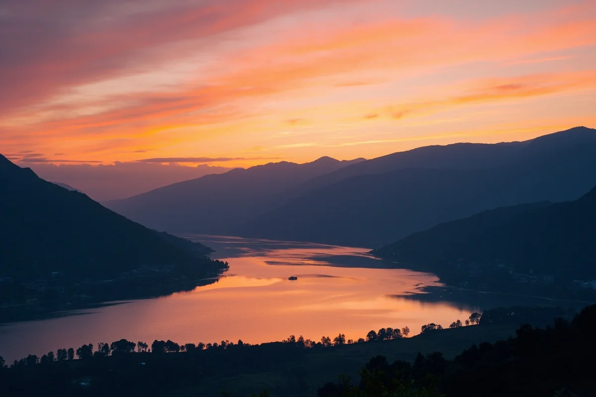 Sunset over the Bitterroot Valley with the Bitterroot River reflecting the sky in Montana