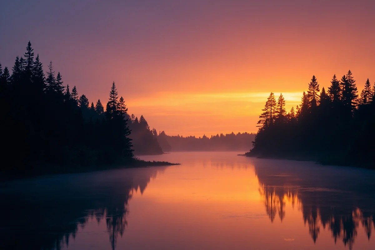 Sunset over the Blackfoot River near Missoula, Montana with pine forest silhouettes
