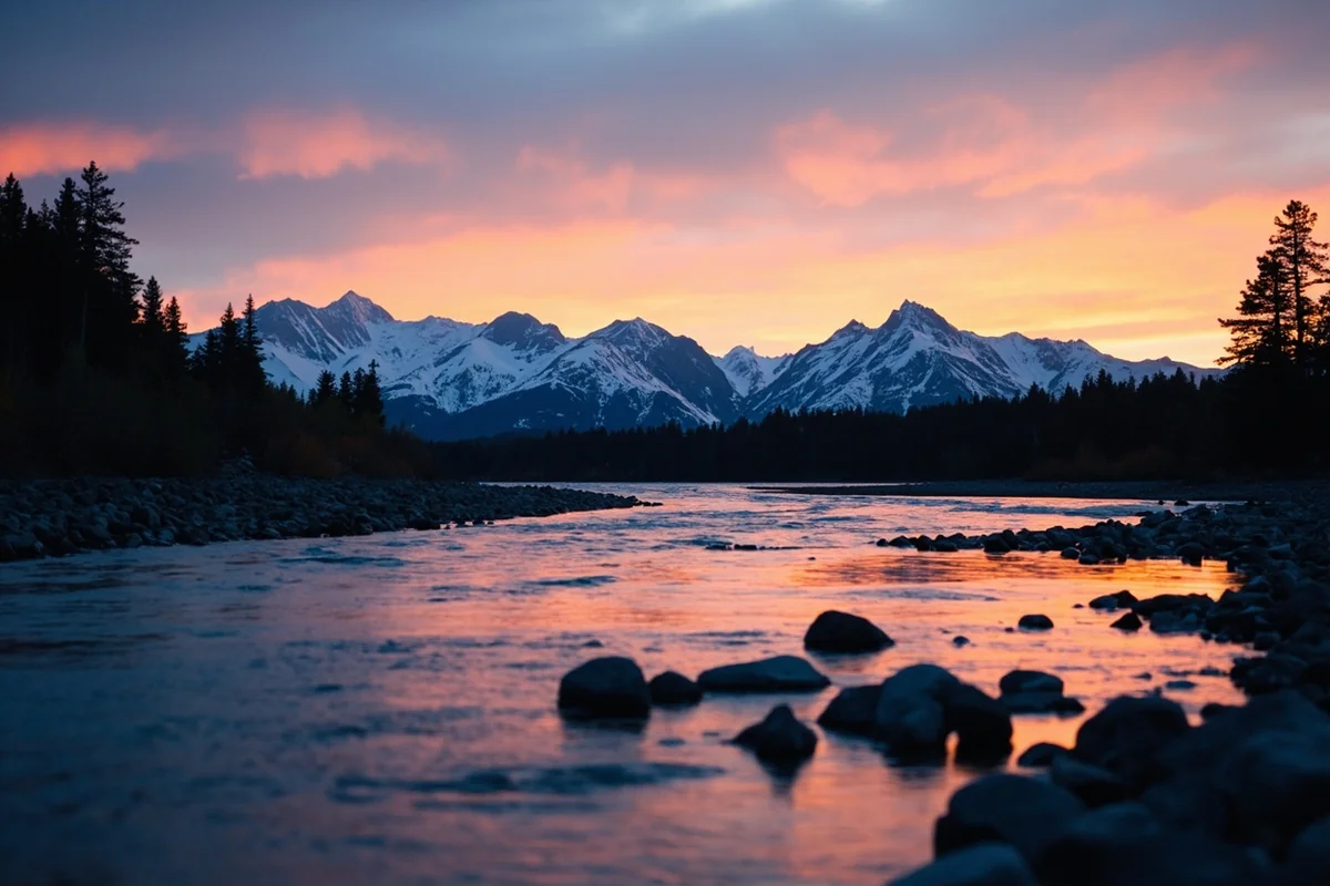 Sunset over the Middle Fork Flathead River with Glacier National Park mountains in the background