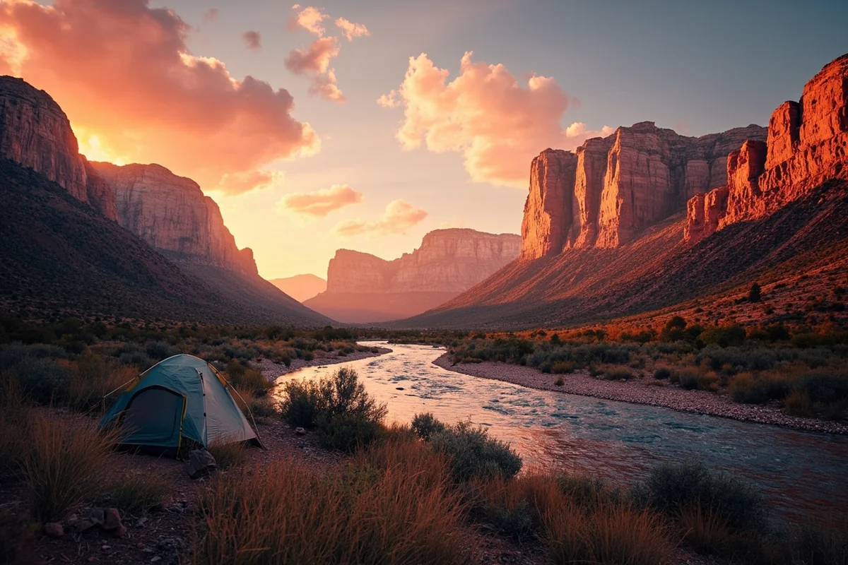 Sunset over the Smith River canyon from a riverside campsite in Montana