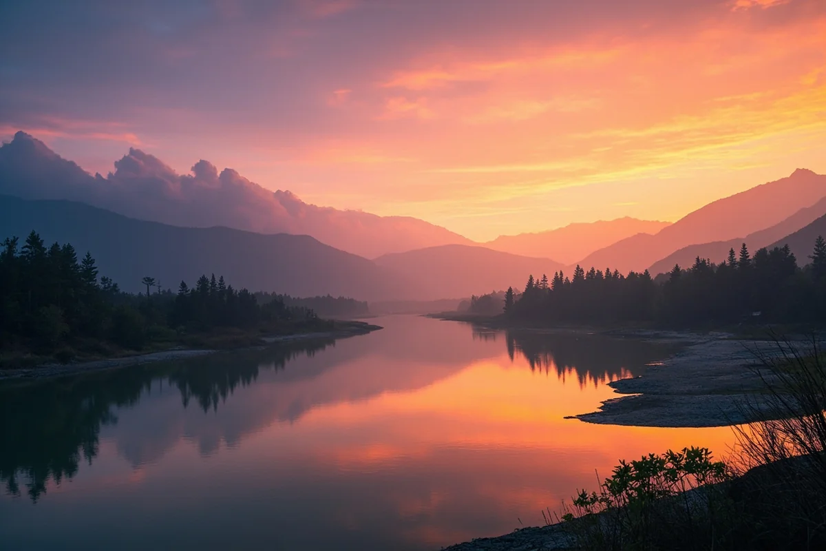 Sunset over the Yellowstone River in Paradise Valley, Montana with mountains silhouetted in the background